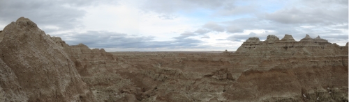 A panorama of a section near the exit of Badlands National Park.